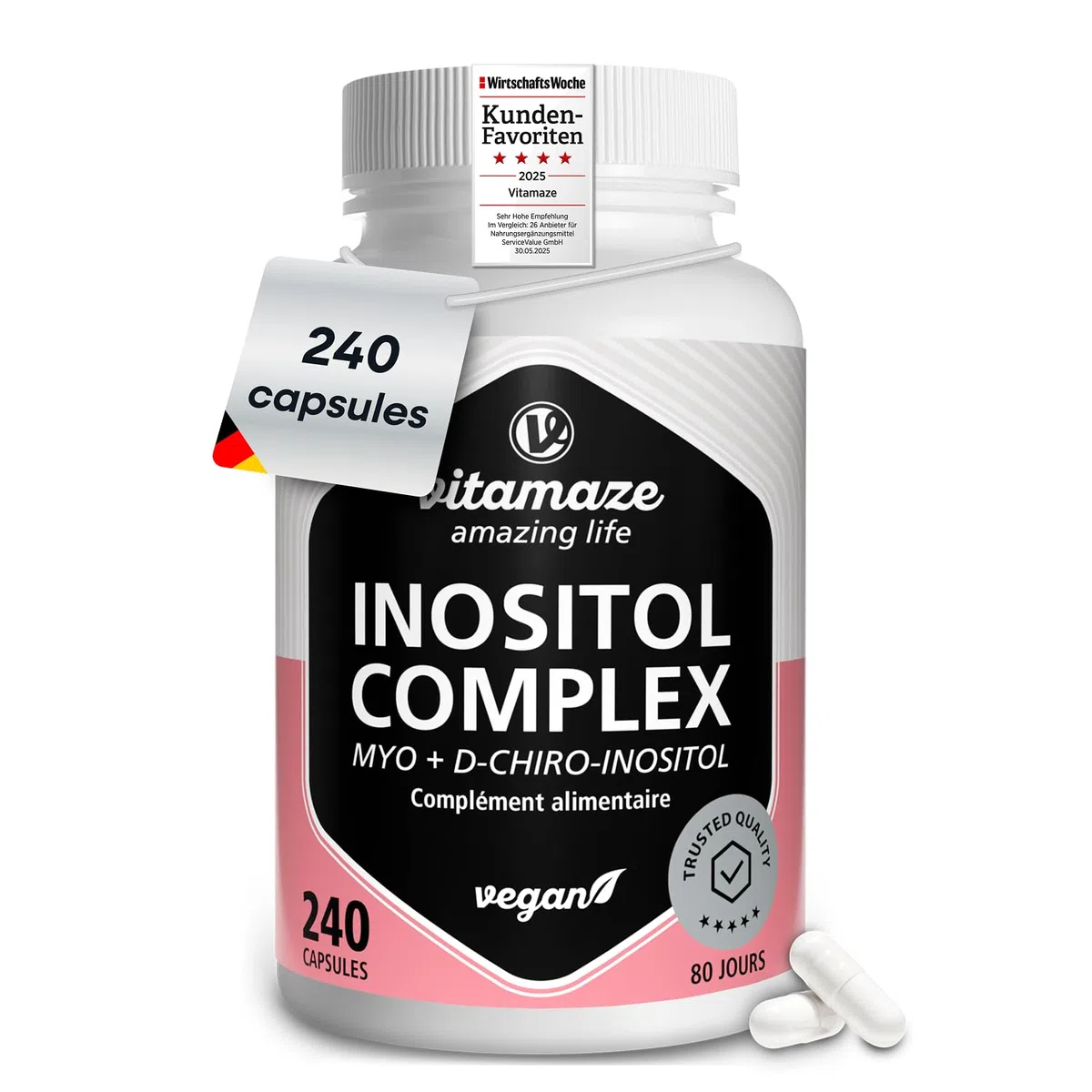 Inositol 240 Gélules, 2100mg Myo-Inositol + D-Chiro-Inositol avec Vitamine B6, Acide Folique et Chrome, Équilibre Hormonal et SOPK (80 Jours), Végan, Sans Additifs