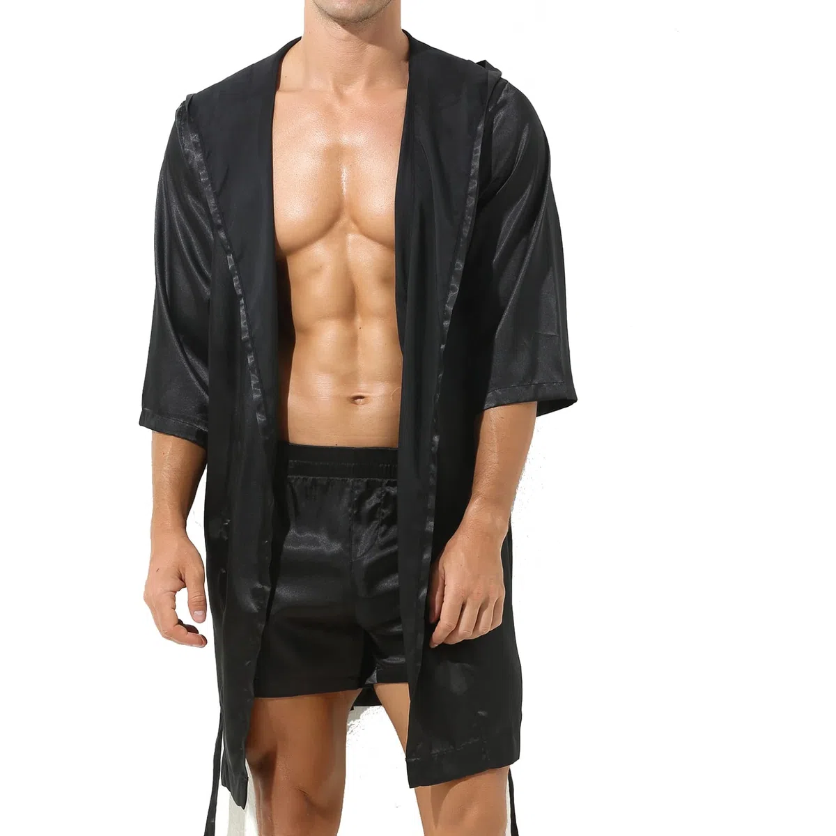 Homme Lingerie Sexy Erotique Kimono Ouvert Satin Peignoir de Bain Manche Longue Confortable Robe de Nuit Pyjama Chemise de Nuit Noir M