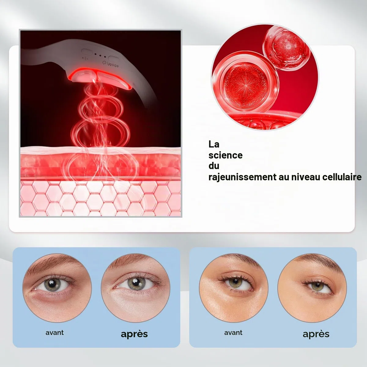 Yeux - Lunettes de thérapie à la lumière rouge avec 3 niveaux de micro-courant - Appareil de beauté revitalisant pour les cernes, les ridules et les rides - Soulage la fatigue oculaire