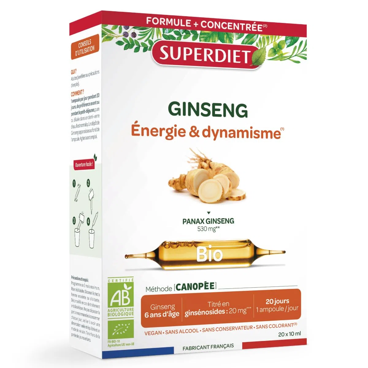 SUPERDIET – GINSENG BIO – Énergie & Dynamisme – Phytothérapie – Fabrication française – 20 ampoules de 10 ml