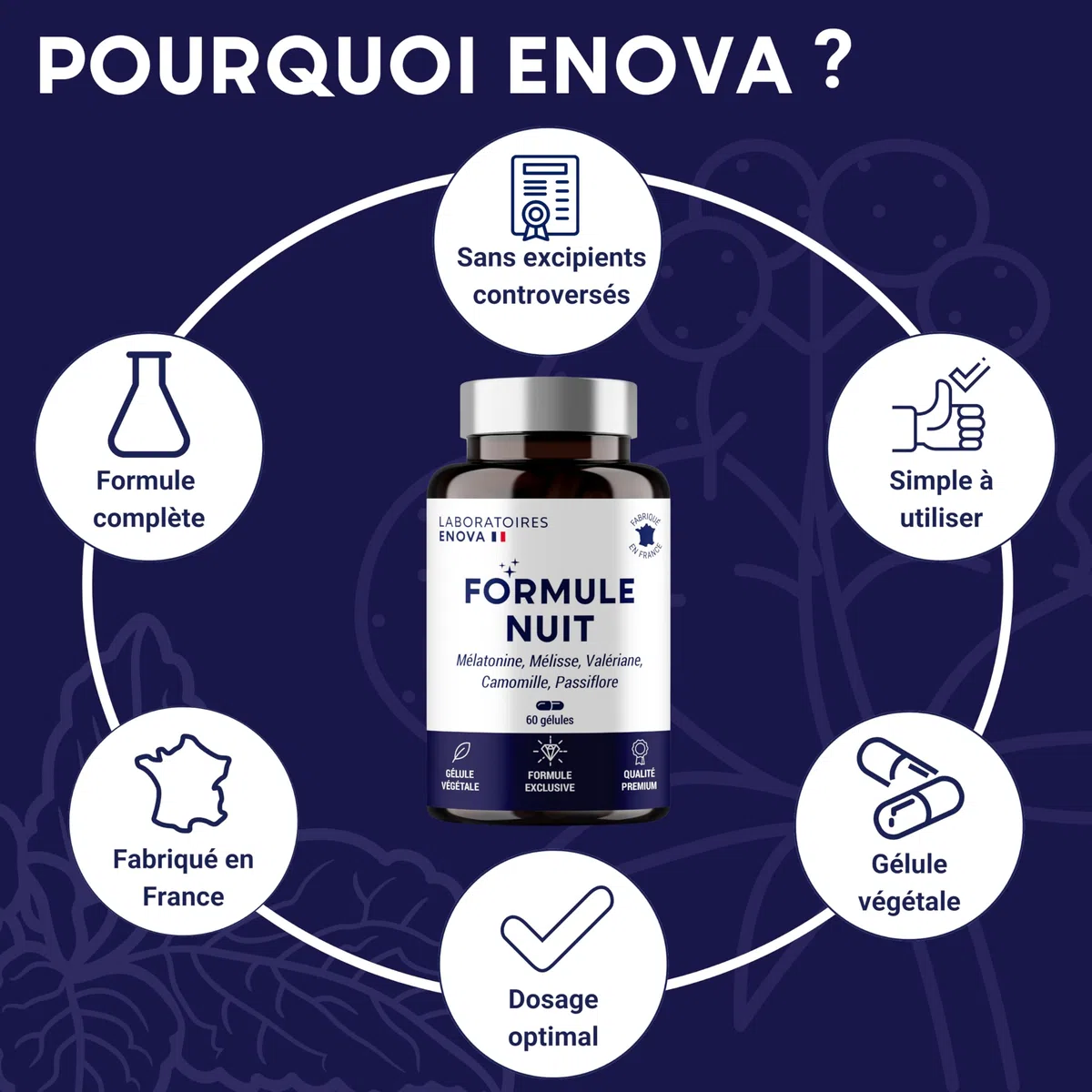 FORMULE NUIT | Mélatonine 1,9 mg + Plantes : Valériane, Mélisse, Camomille, Passiflore | Complément Alimentaire pour Dormir 100% Naturel | 60 nuits de Sommeil Naturel | Fabriqué en France
