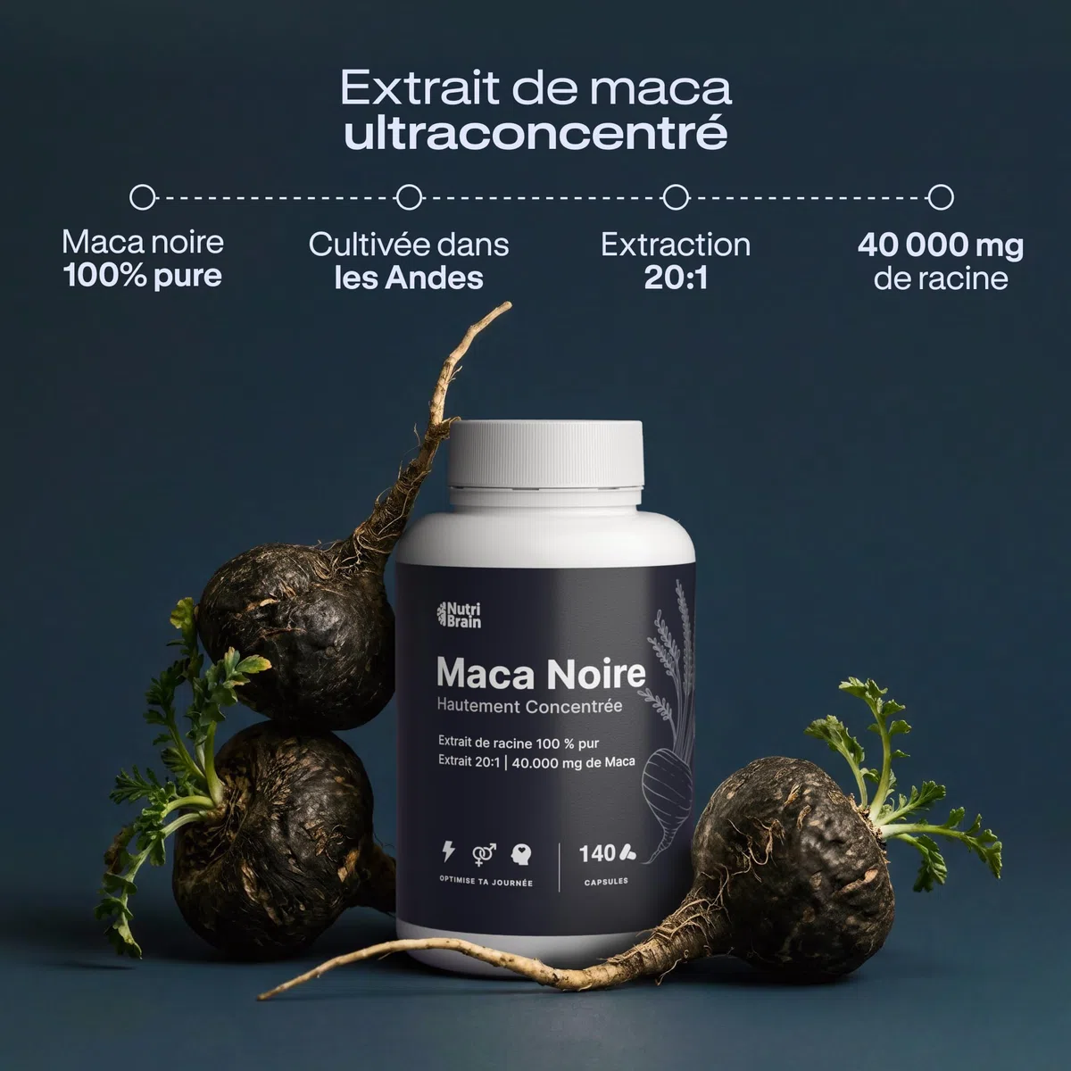 Maca Noire Andine Pure 40.000 mg | Poudre Ultra-concentré 20:1 | Extra Forte | Énergie, Vitalité, Performance, Équilibre | 5 Mois |140 Capsules | Vegan | Homme et Femme | Haute Puissance
