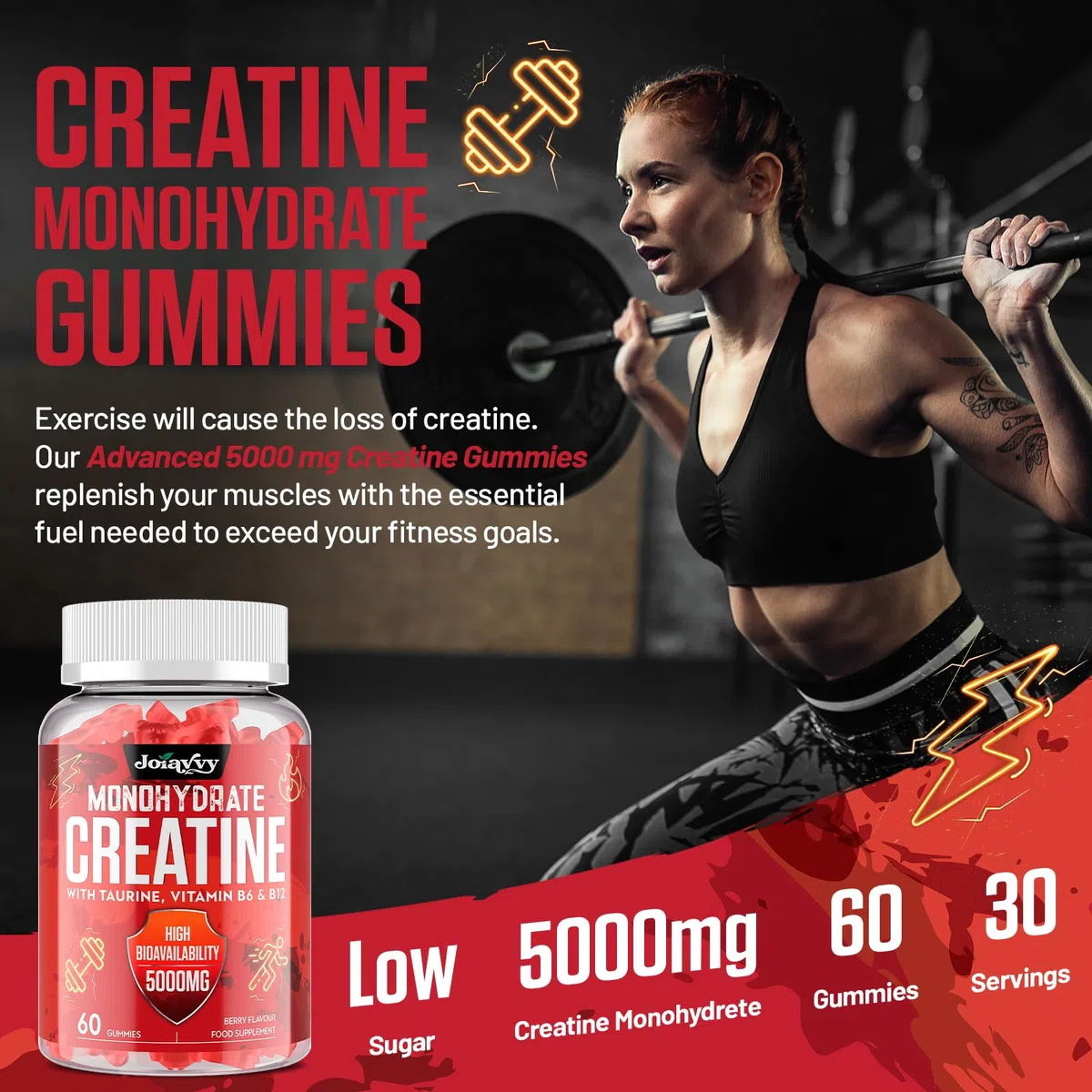 Joiavvy Créatine Monohydrate 5000 mg par Portion, Gummies pour Hommes et Femmes, avec Taurine, Vitamines B6 et B12, Végan, Goût Fruits Rouges