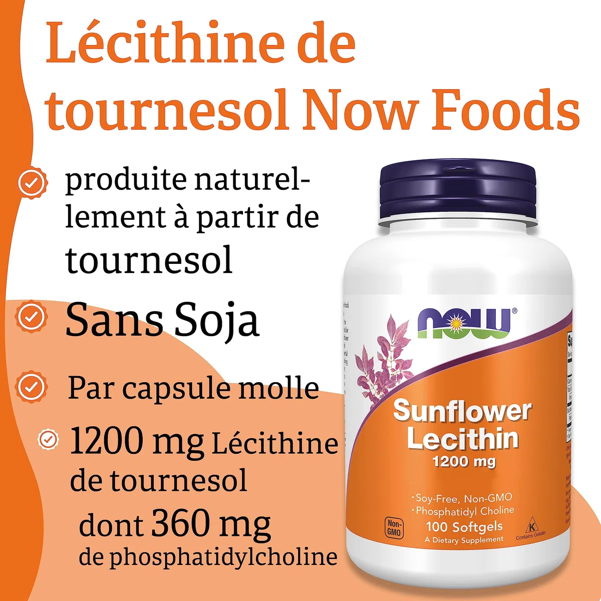 Now Foods, Sunflower Lecithin (Lécithine de Tournesol), 1.200mg, Hautement Dosée, 100 Capsules molles, Testée en Laboratoire, Sans Soja, Sans Gluten, Sans OGM