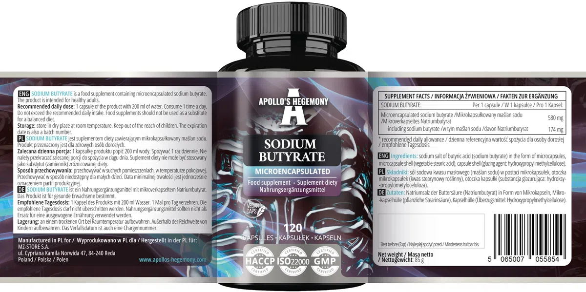 Sodium Butyrate High Dose 580 mg (30% Butyric Acid), 240 Capsules Végétales, 8 Mois, Supplément de Sodium pour Soutenir la Santé de l'Intestin - par Apollo's Hegemony