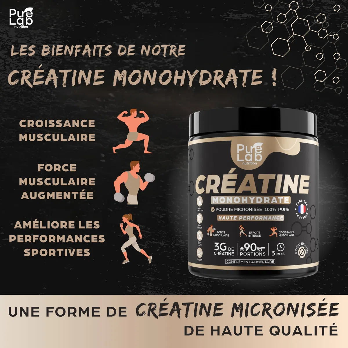 Créatine monohydrate poudre 100% pure de qualité micronisée - 90 portions - Haute Absorption - Performance, Force, Masse Musculaire et Efforts Intenses - 100% vegan
