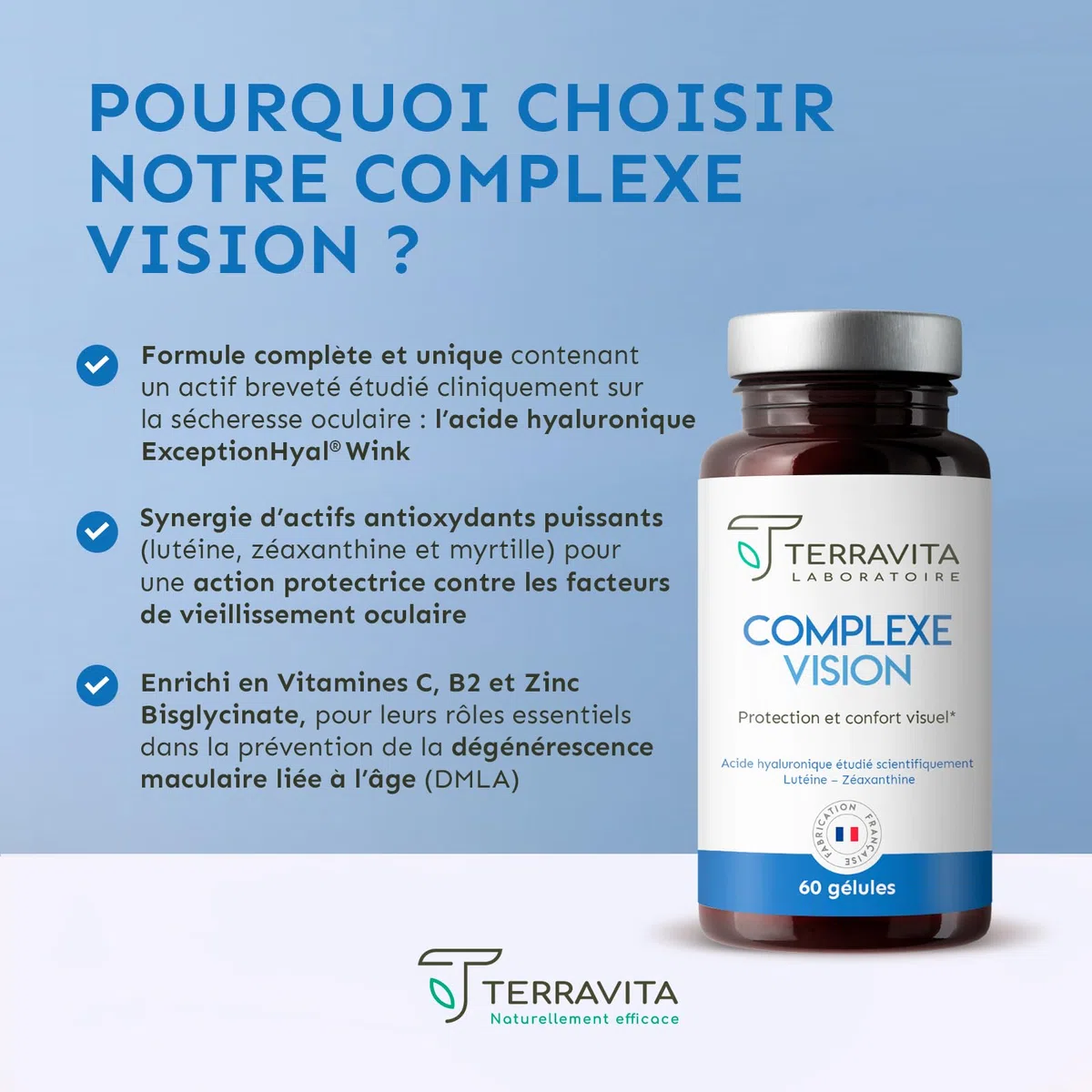 COMPLEXE VISION | Complément Alimentaire Yeux Secs et Fatigués | Acide Hyaluronique Breveté, Lutéine, Zéaxanthine, Myrtille, Vitamines et Zinc Bisglycinate | 60 Gélules | Made in France | Terravita