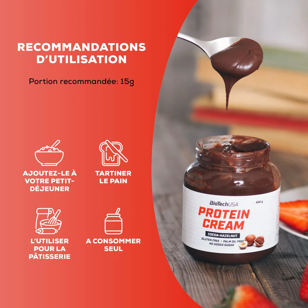 BioTechUSA Protein Cream | Riche en protéines | Tartinade de cacao et de noisettes | Sans gluten | Sans huile de palme, 400 g, Cacao-noisettes