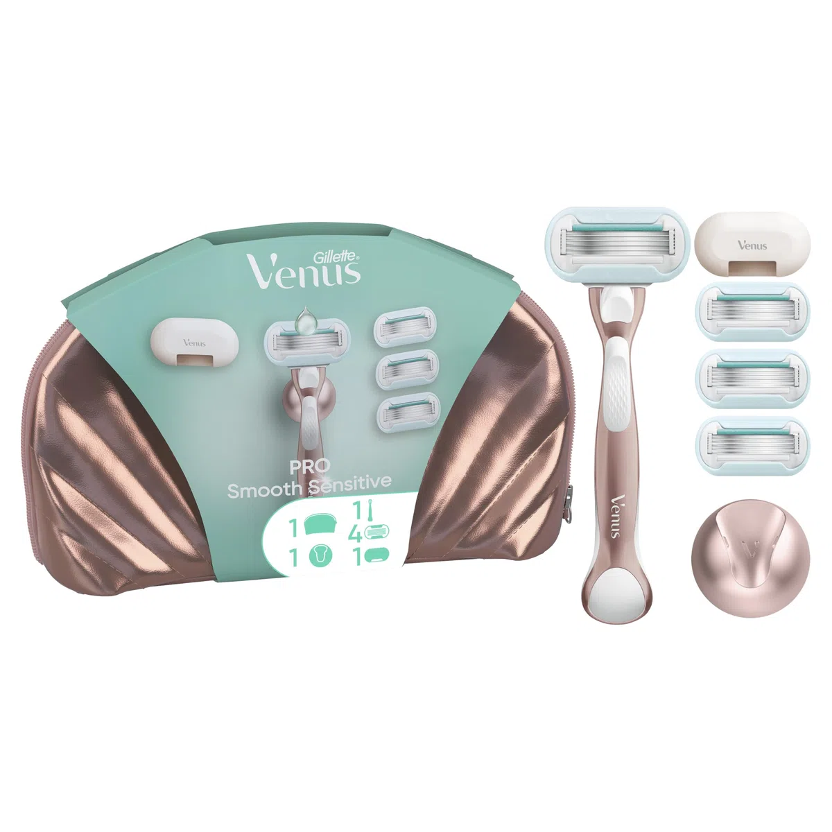 Gillette Venus Rasoir Femme Pro Smooth Sensitive pour Peaux Sensibles, Coffret De Rasage avec 4 Recharges De Lames, Trousse De Toilette Et Support De Douche, Manche Métallique Réutilisable