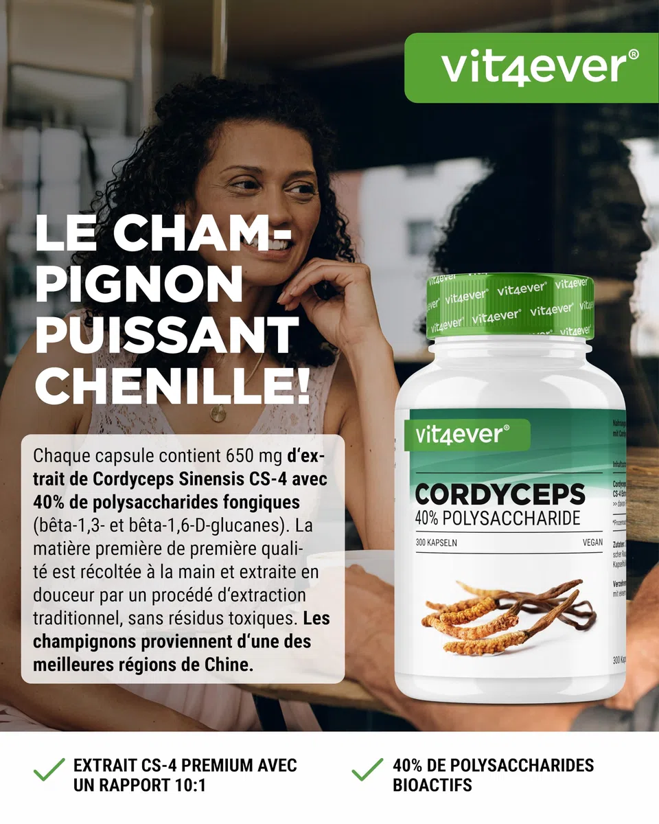 Champignon Cordyceps - 300 capsules avec 650 mg de Véritable Extrait de CS-4-40% de Polysaccharides Bioactifs - Haute Dose - Champignon Chenille - Vegan