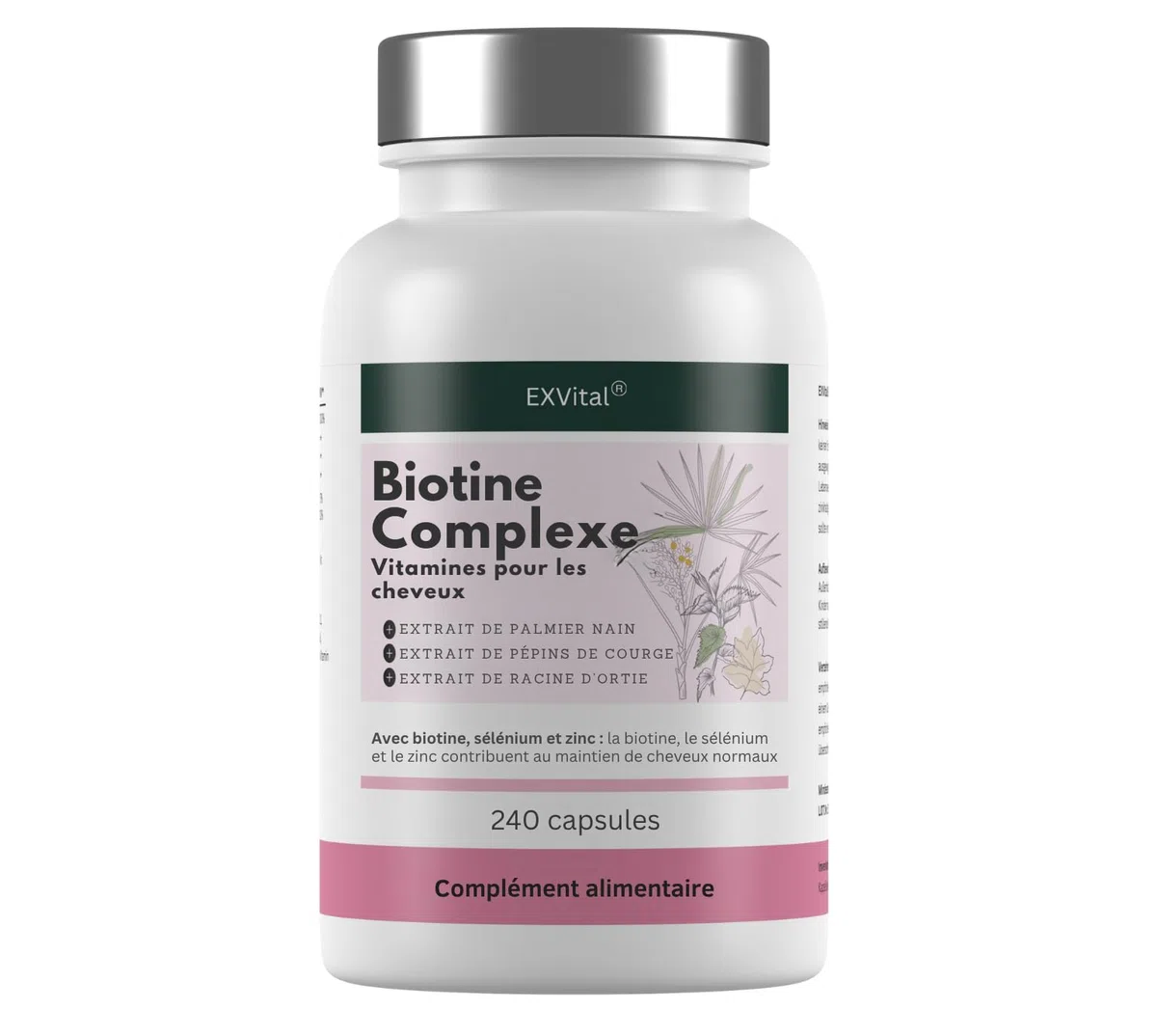 EXVital Biotine Complexe, Vitamines pour les cheveux, Avec extraits de palmier nain, de pépins de courge et de racine d’ortie, 240 capsules véganes, enrichies en sélénium et zinc, testé en laboratoire