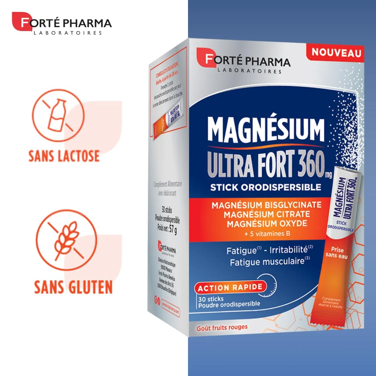 Forté Pharma - Magnésium Ultra Fort 360 - Energie booster, Irritabilité, Fatigue musculaire, Action rapide - 3 sources de magnesium dont bisglycinate, 5 Vitamines B - 30 sticks orodispersibles, 1/jour
