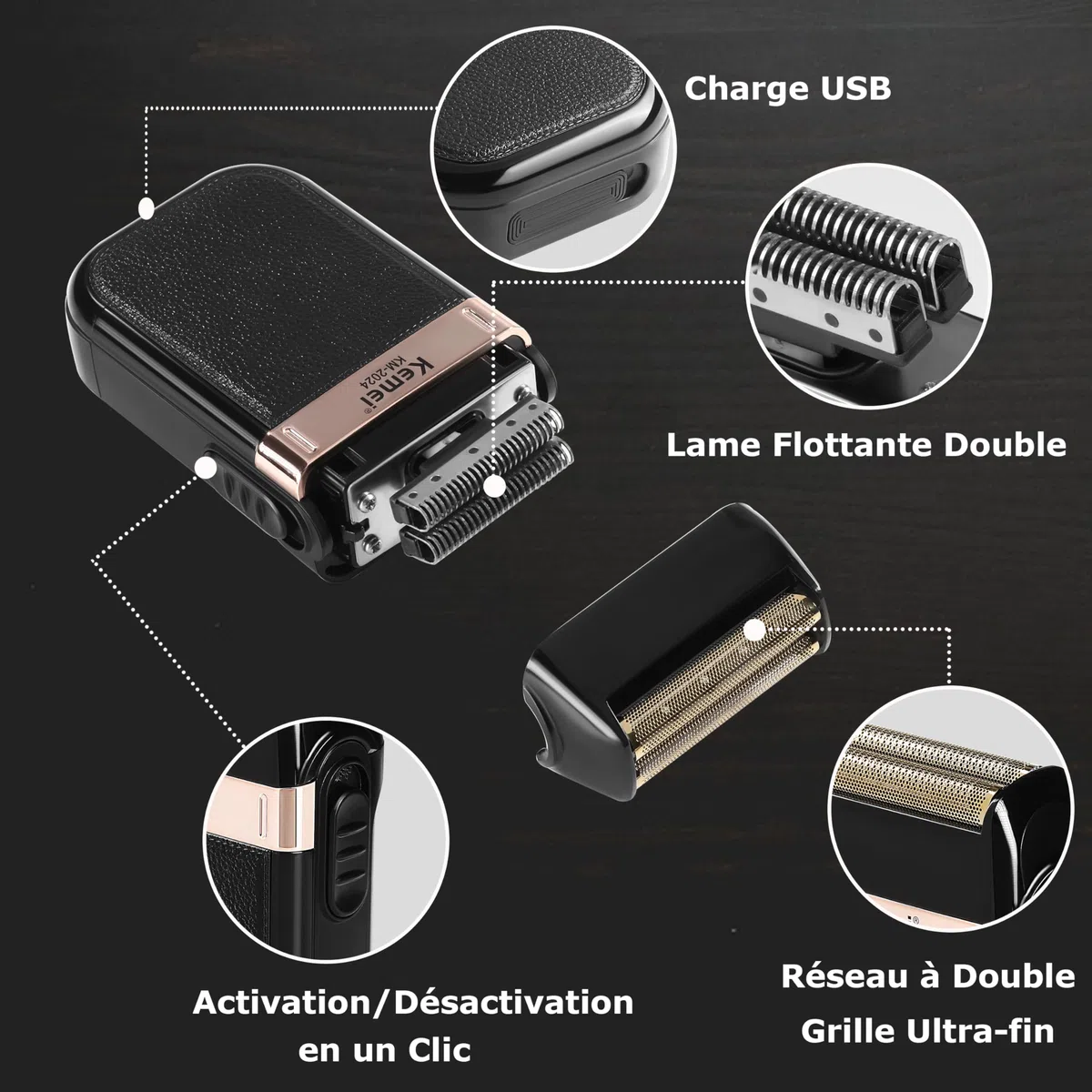 KEMEI Rasoir Électrique Sans Fil et Rechargeable pour Hommes, Idéal pour les Voyages, Shaver Humide et Sec, pour Couper les Cheveux et la Barbe, Cadeau pour Hommes
