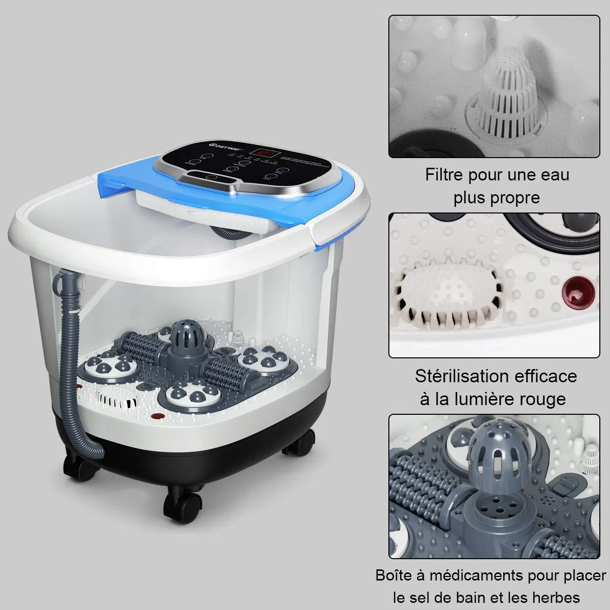 COSTWAY Bain de Pieds 15L avec Ecran LED, 6 Rouleaux de Massage, Masseur de Pieds avec Chaleur Automatique 35℃-48℃, Fonction de Douche et Lumière Rouge (Bleu)