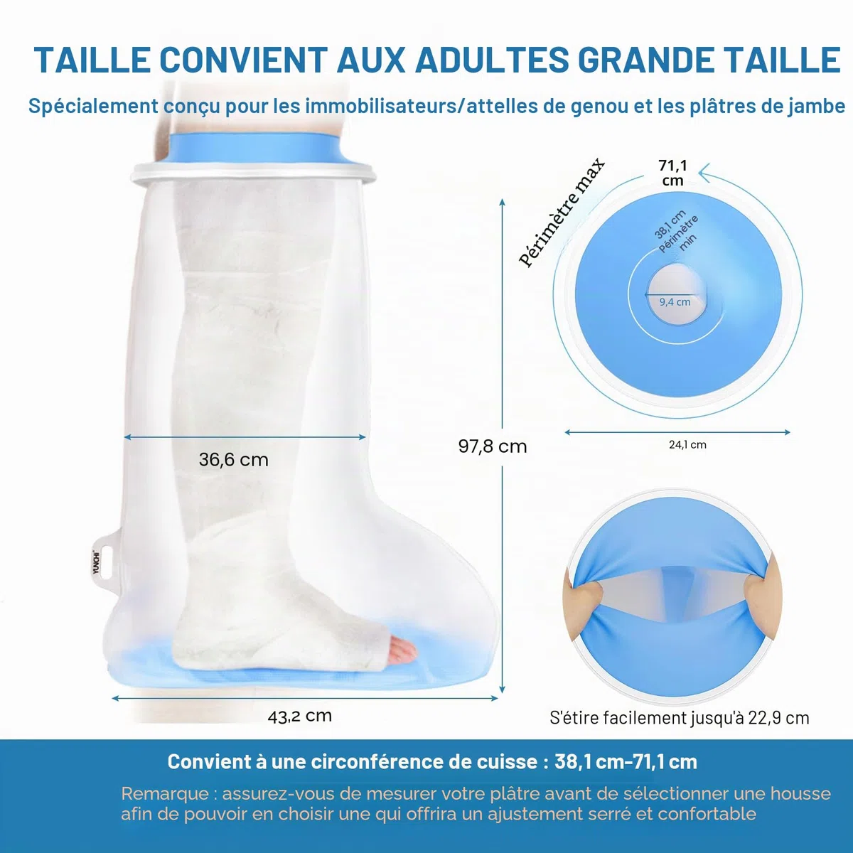 YUNCHI Protection de Douche pour Jambe Longue Adulte Anti-Dérapant XL Protection Étanche Réutilisable pour Orthèse Bloque Fixateur Fessier Genou Bandage (Protège-Jambe Long XL)