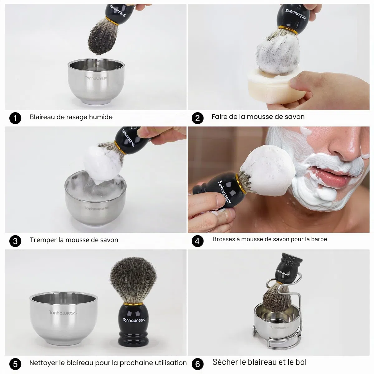 Kit de Rasage Tonhawness pour Homme, Ensemble de Brosses à Raser 4 en 1 Comprenant une Brosse à Raser en Poils de Blaireau, un Bol et Support à Raser en Acier Inoxydable et un Savon à Raser à la