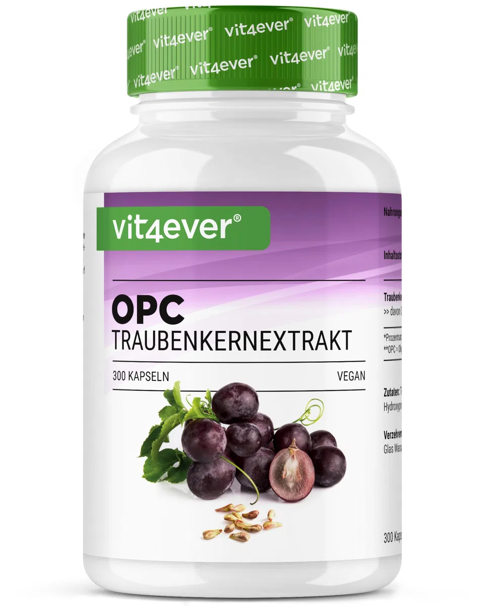 vit4ever OPC Extrait de Pépins de Raisin – 300 capsules – 1000 mg d’Extrait avec 700 mg d’OPC – Teneur la Plus Élevée selon HPLC – Issu de Raisins Européens – Végane – Hautement Dosé