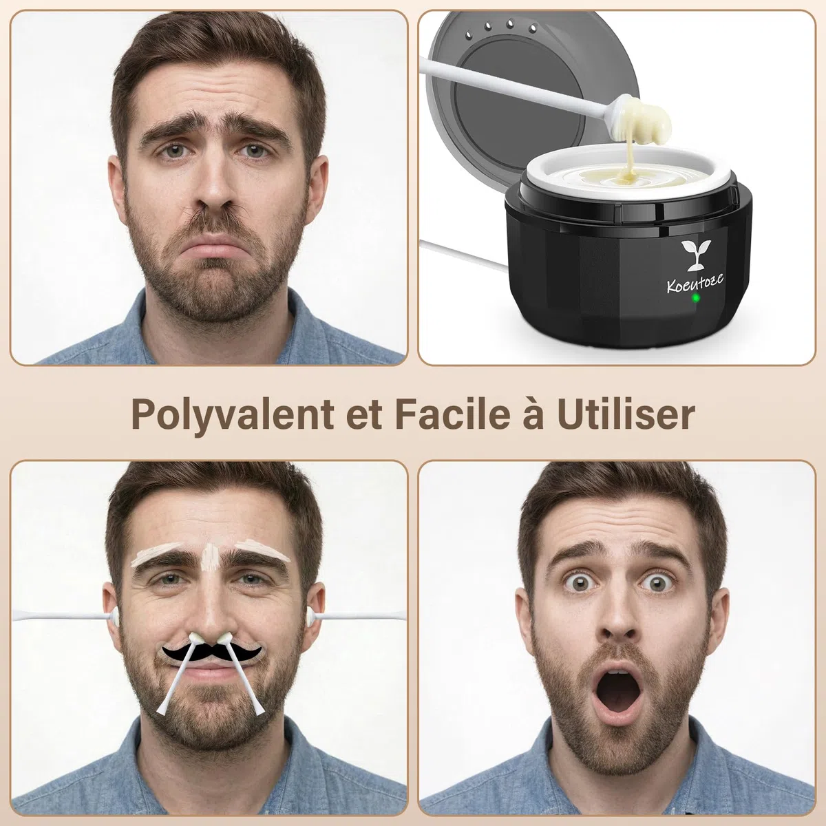 Cire Epilation Nez Kit pour Hommes et Femmes, Chauffe Cire epilation Visage avec 100g Perles de Cire, 5 Bâtonnets Nasaux et Oreilles, 10 Pochoirs Moustache, Chauffe USB & Température Stable