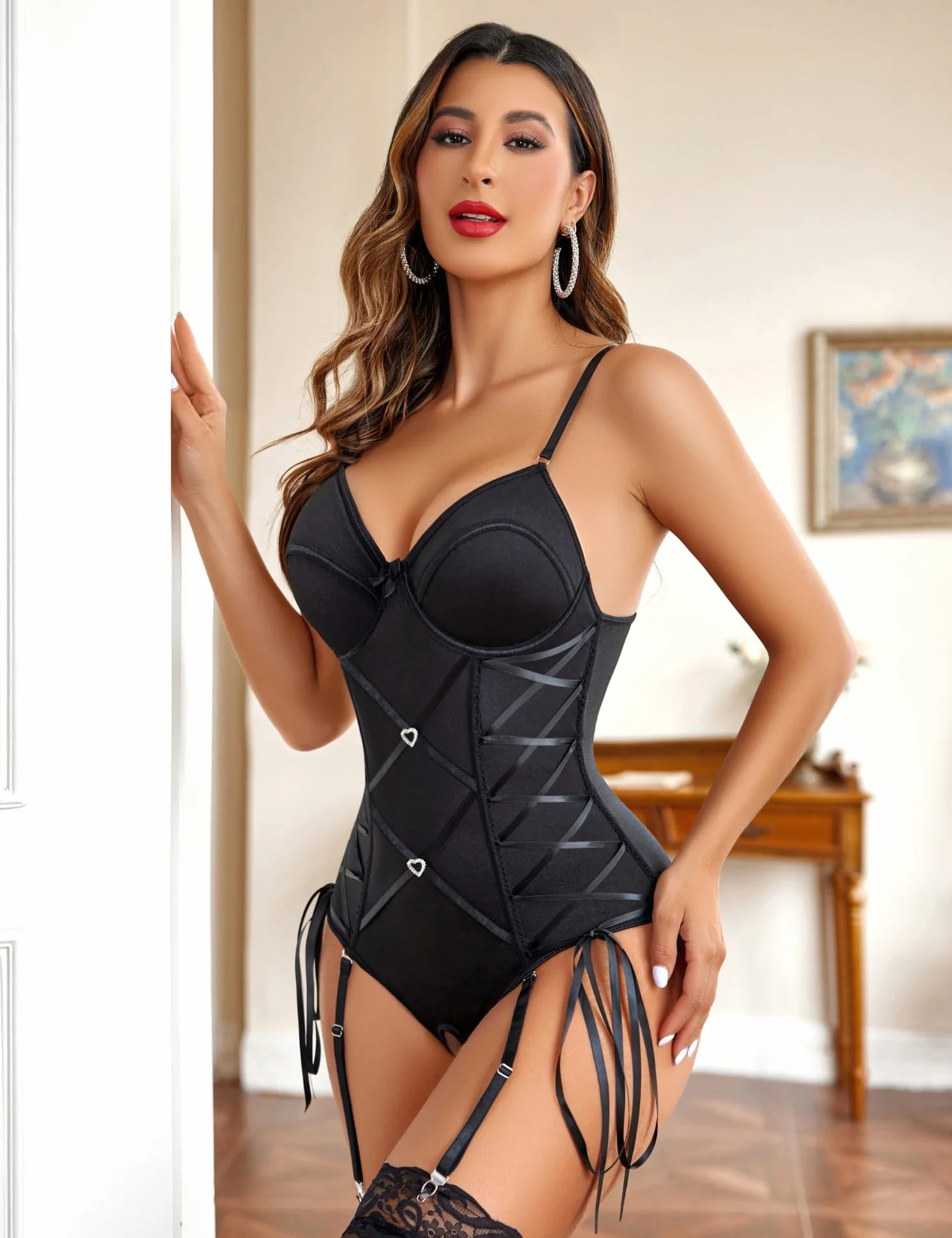 Avidlove Ensemble de lingerie corset sexy avec jarretelles pour femme, tenue de boudoir pour contrôle du ventre