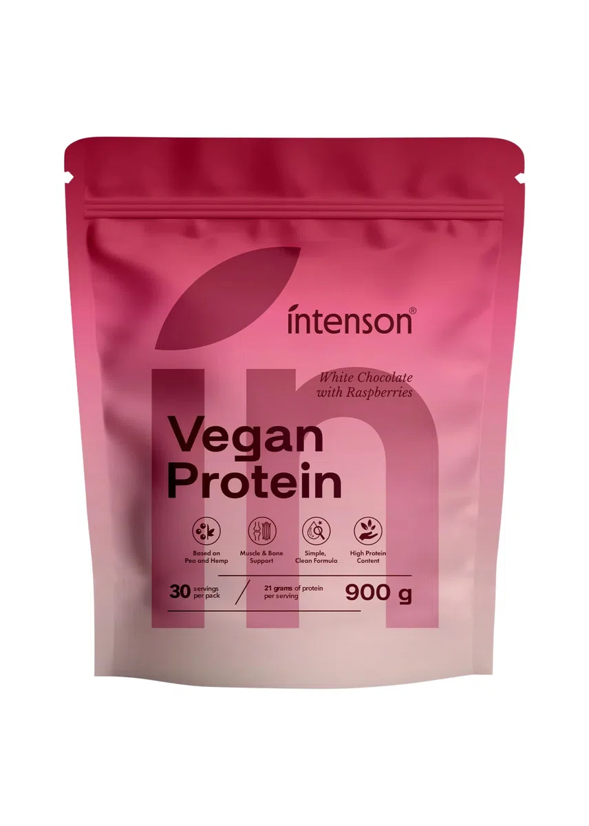 Intenson Vegan Protein Powder Chocolat Blanc Framboise, 900 g, 21 g de Protéines par Portion, 30 Portions, Mélange Pois & Chanvre, 100% Végétal, Sans Lactose, Sans Gluten, Sans Sucre, Formule Clean