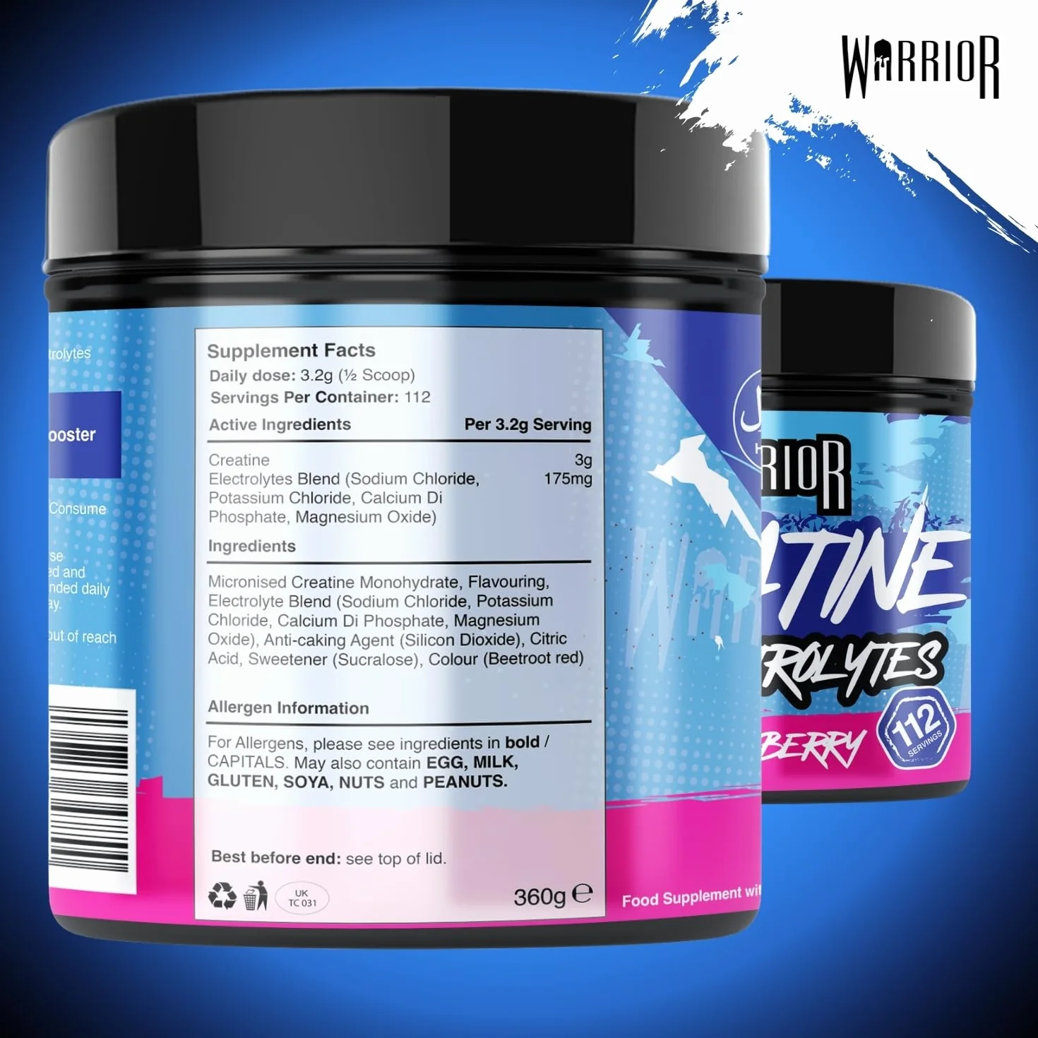 Warrior Créatine Monohydrate + Électrolytes Poudre 360 g, 80 Doses – Créatine Poudre avec Électrolytes, Intra Workout Prise de Masse & Hydratation, Sans Sucre – Mélange de Baies