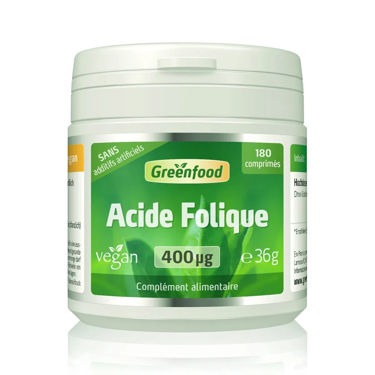 Greenfood Acide folique, 400 μg,180 comprimés, doses élevées, comprimés, vegan - pour la croissance des tissus maternels pendant la grossesse et pour. SANS additifs artificiels. Sans OGM.
