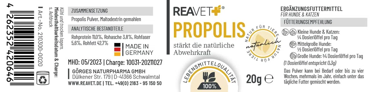 Poudre de Propolis REAVET pour Chiens et Chats 20g - de qualité Alimentaire, Soutien Naturel du système immunitaire et de la Peau Vitale grâce au Pouvoir de la Nature