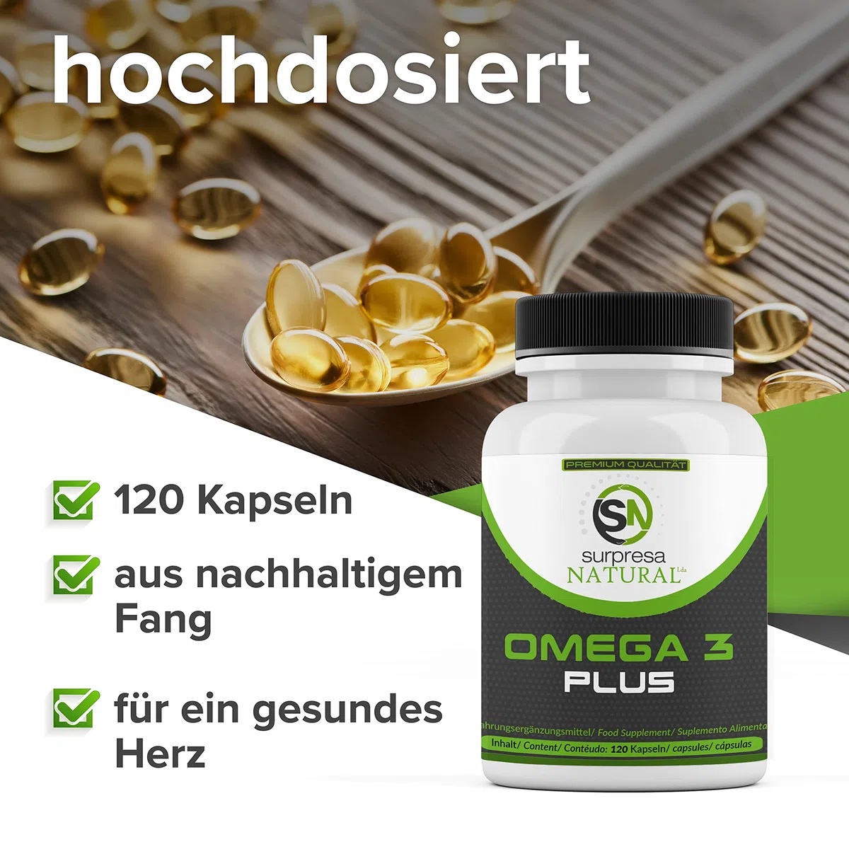 Omega 3 Plus 3 fois plus fort, 1000 mg d'huile de poisson 500mg EPA 250mg DHA par gélule, pureté testée en laboratoire à partir de pêche durable, 120 gélules 4 mois
