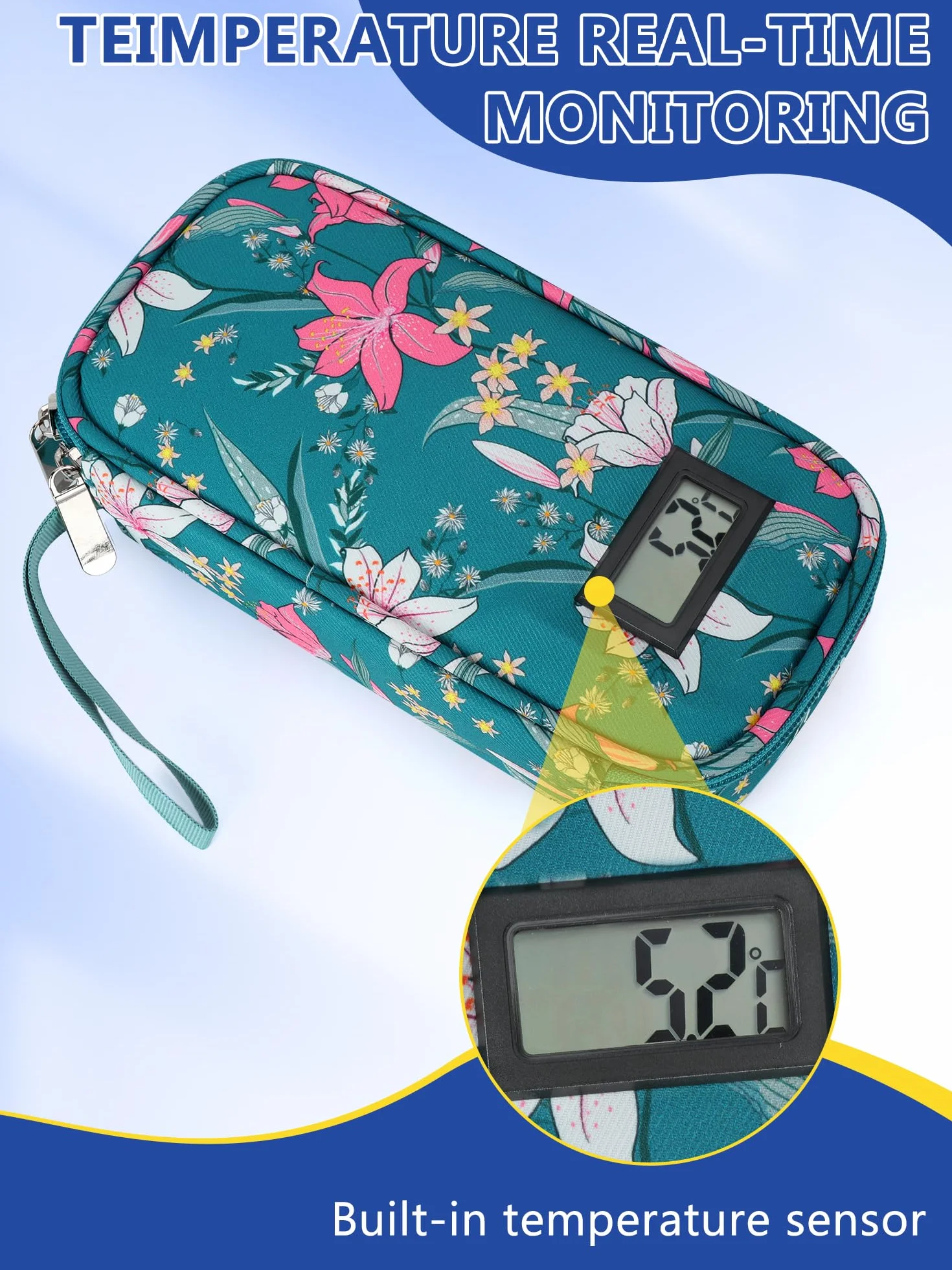 YOUSHARES Trousse Isotherme Insuline - Sac Isotherme Medicament Voyage pour Diabetique Affichage de la Température, Pochette Isotherme Insuline Injection avec Poche Glacière pour Stylo, Lys