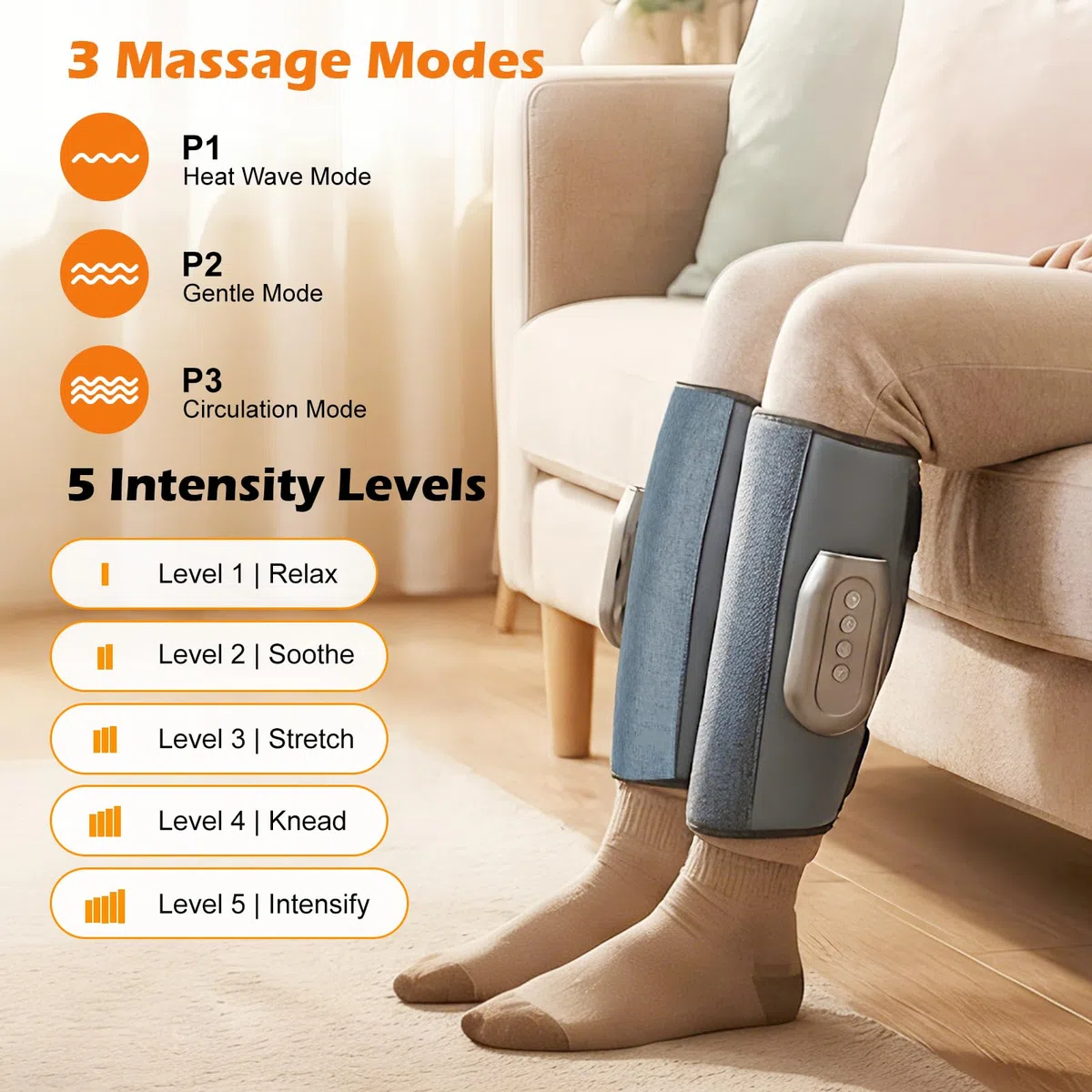 Masseur de mollet sans fil avec 3 niveaux de chauffage, 2 masseurs de jambes à compression d'air, 3 modes, 5 niveaux d'intensité, appareil de massage portable pour détendre les muscles des jambes